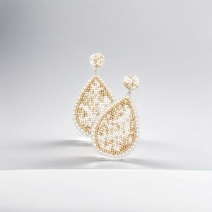 White and Gold Stylish Beaded Teardrop Dangle Earrings